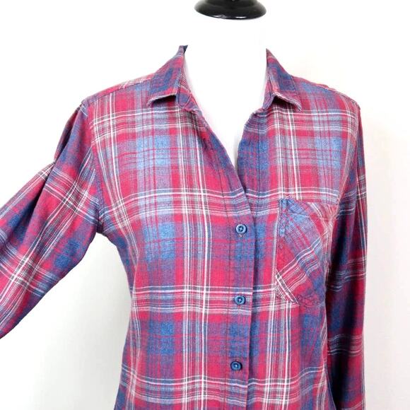 Anthropologie Size S Classic Button Up Shirt Flannel Plaid Red Blue - Picture 7 of 10